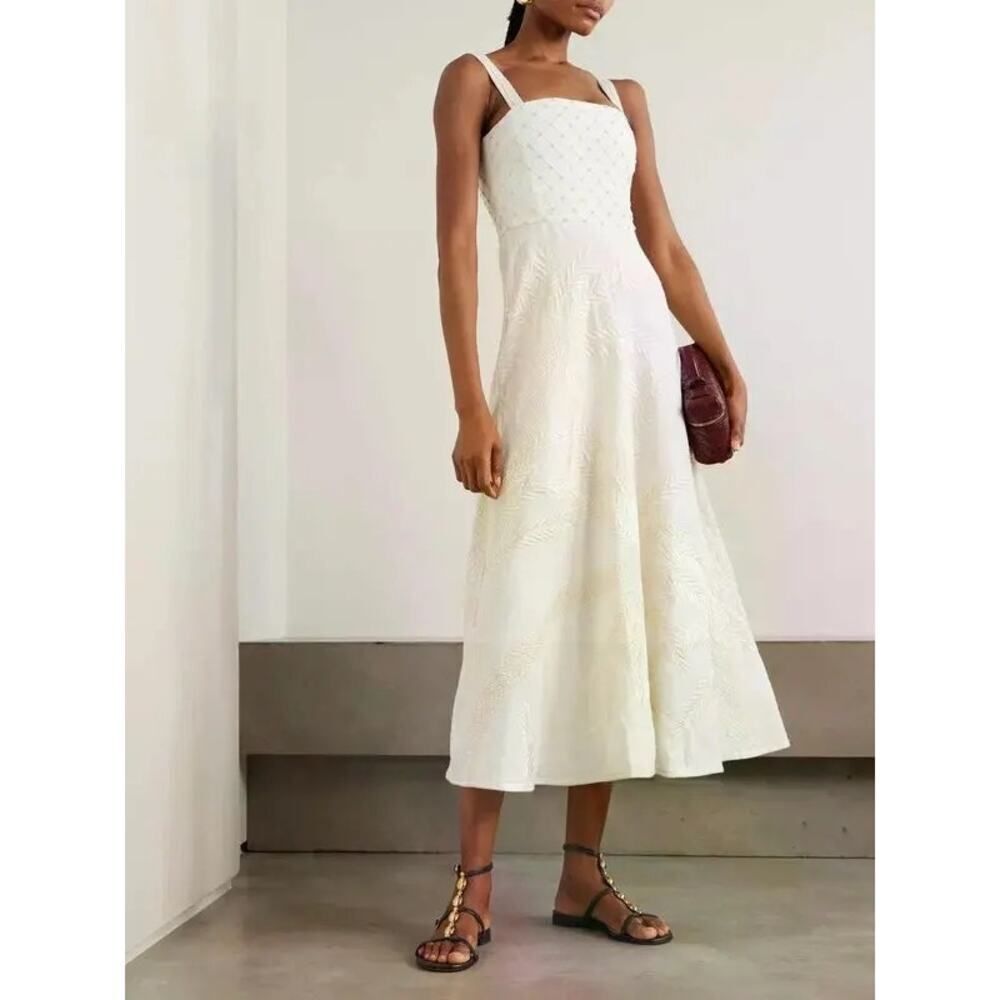 Emporio Sirenuse Anabel palm embroidered linen midi dress in ivory size IT42/US6